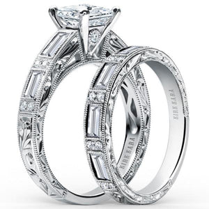 Kirk Kara White Gold "Charlotte" Baguette Cut Diamond Engagement Ring Set Angled Side View