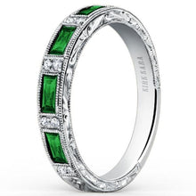 Load image into Gallery viewer, Kirk Kara White Gold &quot;Charlotte&quot; Baguette Cut Green Tsavorite Wedding Band Angled Side View
