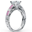 Load image into Gallery viewer, Kirk Kara White Gold &quot;Charlotte&quot; Baguette Cut Pink Sapphire Diamond Engagement Ring Angled Side View 
