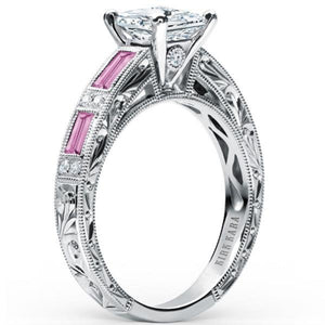 Kirk Kara White Gold "Charlotte" Baguette Cut Pink Sapphire Diamond Engagement Ring Angled Side View 