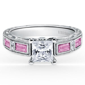 Kirk Kara White Gold "Charlotte" Baguette Cut Pink Sapphire Diamond Engagement Ring Front View