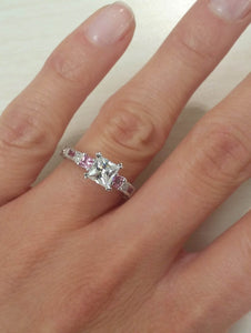 Kirk Kara White Gold "Charlotte" Baguette Cut Pink Sapphire Diamond Engagement Ring On Model Hand