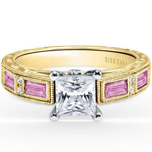 Kirk Kara Yellow Gold "Charlotte" Baguette Cut Pink Sapphire Diamond Engagement Ring Front View