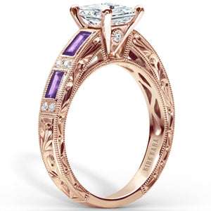 Kirk Kara Rose Gold "Charlotte" Baguette Cut Purple Amethyst Diamond Engagement Ring Angled Side View 