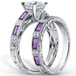 Load image into Gallery viewer, Kirk Kara White Gold &quot;Charlotte&quot; Baguette Cut Purple Amethyst Diamond Engagement Ring Set Angled Side View
