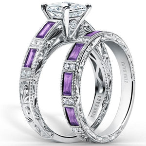 Kirk Kara White Gold "Charlotte" Baguette Cut Purple Amethyst Diamond Engagement Ring Set Angled Side View