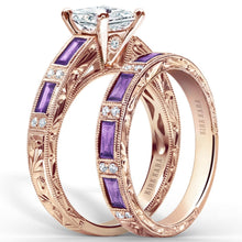 Load image into Gallery viewer, Kirk Kara Rose Gold &quot;Charlotte&quot; Baguette Cut Purple Amethyst Diamond Engagement Ring Set Angled Side View
