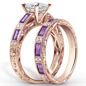 Kirk Kara Rose Gold "Charlotte" Baguette Cut Purple Amethyst Diamond Engagement Ring Set Angled Side View