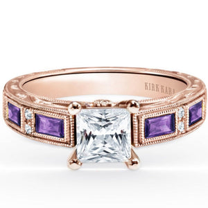 Kirk Kara Rose Gold "Charlotte" Baguette Cut Purple Amethyst Diamond Engagement Ring Front View 