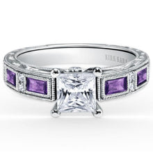 Load image into Gallery viewer, Kirk Kara White Gold &quot;Charlotte&quot; Baguette Cut Purple Amethyst Diamond Engagement Ring Front View
