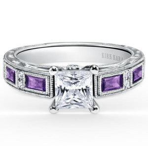Kirk Kara White Gold "Charlotte" Baguette Cut Purple Amethyst Diamond Engagement Ring Front View