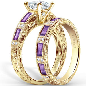 Kirk Kara Yellow Gold "Charlotte" Baguette Cut Purple Amethyst Diamond Engagement Ring Set Angled Side View