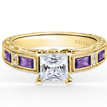Load image into Gallery viewer, Kirk Kara Yellow Gold &quot;Charlotte&quot; Baguette Cut Purple Amethyst Diamond Engagement Ring Front View 

