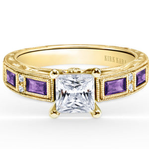 Kirk Kara Yellow Gold "Charlotte" Baguette Cut Purple Amethyst Diamond Engagement Ring Front View 