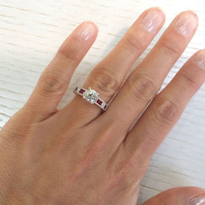 Kirk Kara White Gold "Charlotte" Baguette Cut Red Ruby Diamond Engagement Ring On Model Hand 