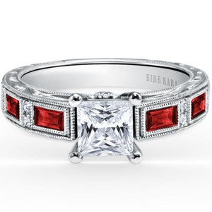 Kirk Kara White Gold "Charlotte" Baguette Cut Red Ruby Diamond Engagement Ring Front View 
