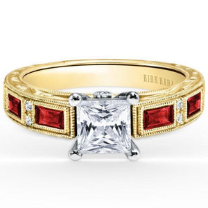 Kirk Kara Yellow Gold "Charlotte" Baguette Cut Red Ruby Diamond Engagement Ring Front View
