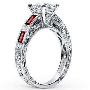 Kirk Kara White Gold "Charlotte" Baguette Cut Red Ruby Diamond Engagement Ring Angled Side View 