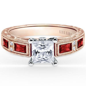 Kirk Kara Rose Gold "Charlotte" Baguette Cut Red Ruby Diamond Engagement Ring Front View
