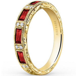 Kirk Kara Yellow Gold "Charlotte" Baguette Cut Red Ruby Diamond Wedding Band Angled Side View