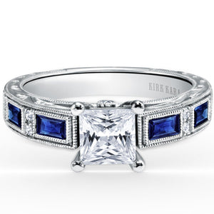Kirk Kara White Gold "Charlotte" Blue Sapphire Baguette and Diamond Engagement RingFront View 