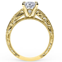 Load image into Gallery viewer, Kirk Kara Yellow Gold &quot;Charlotte&quot; Blue Sapphire Baguette and Diamond Engagement Ring Side View
