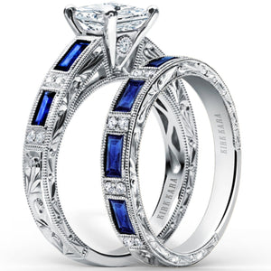 Kirk Kara White Gold "Charlotte" Blue Sapphire Baguette and Diamond Engagement Ring Set Angled Side View