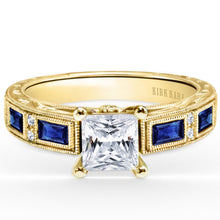 Load image into Gallery viewer, Kirk Kara Yellow Gold &quot;Charlotte&quot; Blue Sapphire Baguette and Diamond Engagement Ring Front View
