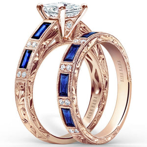 Kirk Kara Rose Gold "Charlotte" Blue Sapphire Baguette and Diamond Engagement Ring Set Angled Side View