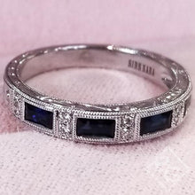 Load image into Gallery viewer, Kirk Kara White Gold &quot;Charlotte&quot; Blue Sapphire Baguette Cut Diamond Wedding Band Close Up Front View
