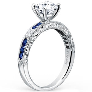Kirk Kara White Gold "Charlotte" Blue Sapphire Diamond Engagement Ring Angled Side View