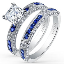 Load image into Gallery viewer, Kirk Kara White Gold &quot;Charlotte&quot; Blue Sapphire Diamond Engagement Ring Set Angled Side View
