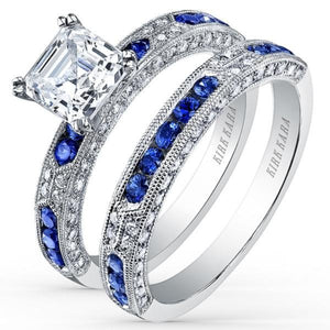 Kirk Kara White Gold "Charlotte" Blue Sapphire Diamond Engagement Ring Set Angled Side View