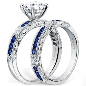 Kirk Kara White Gold "Charlotte" Blue Sapphire Diamond Engagement Ring Set Angled Side View