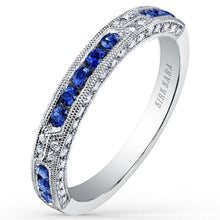 Load image into Gallery viewer, Kirk Kara White Gold &quot;Charlotte&quot; Blue Sapphire Milgrain Diamond Wedding Band Angled Side View
