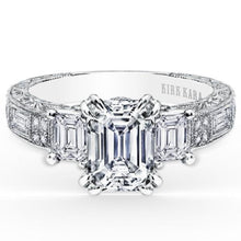 Load image into Gallery viewer, Kirk Kara White Gold &quot;Charlotte&quot; Emerald Cut Three Stone Diamond Engagement Ring Front View
