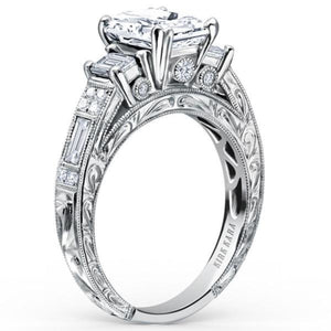 Kirk Kara White Gold "Charlotte" Emerald Cut Three Stone Diamond Engagement Ring Angled Side View