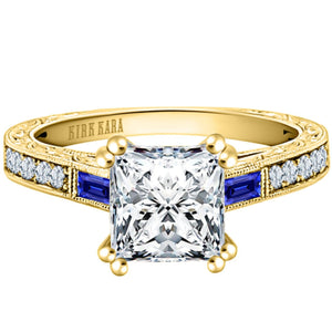 Kirk Kara "Charlotte" Engraved Blue Sapphire Baguette Cut Engagement Ring