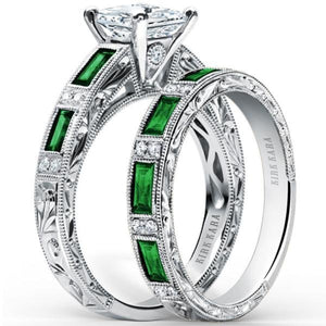 Kirk Kara White Gold "Charlotte" Green Tsavorite Diamond Engagement Ring Set Angled Side View