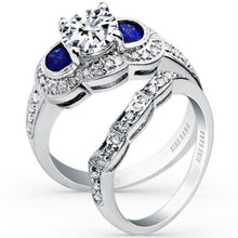 Load image into Gallery viewer, Kirk Kara White Gold &quot;Charlotte&quot; Half Moon Cut Sapphire &amp; Three Stone Diamond Engagement Ring Set Angled Side View 
