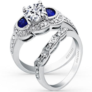 Kirk Kara White Gold "Charlotte" Half Moon Cut Sapphire & Three Stone Diamond Engagement Ring Set Angled Side View 
