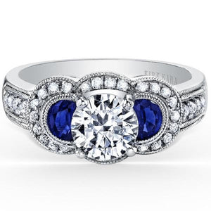 Kirk Kara White Gold "Charlotte" Half Moon Cut Sapphire & Three Stone Diamond Engagement Ring Front View