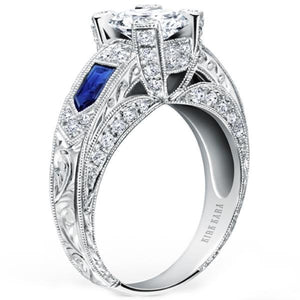 Kirk Kara White Gold "Charlotte" Kite Cut Wide Blue Sapphire Diamond Engagement Ring Angled Side View