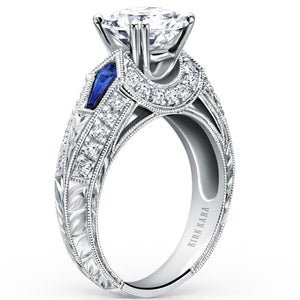 Kirk Kara White Gold "Charlotte" Kite Cut Blue Sapphire Diamond Engagement Ring Angled Side View