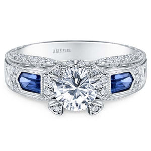 Kirk Kara White Gold "Charlotte" Kite Cut Wide Blue Sapphire Diamond Engagement Ring Front View