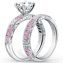 Load image into Gallery viewer, Kirk Kara White Gold &quot;Charlotte&quot; Pink Sapphire Diamond Engagement Ring Set Angled Side View
