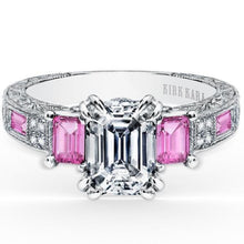 Load image into Gallery viewer, Kirk Kara White Gold &quot;Charlotte&quot; Pink Sapphire Emerald Cut Diamond Three Stone Engagement Ring Front View
