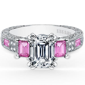 Kirk Kara White Gold "Charlotte" Pink Sapphire Emerald Cut Diamond Three Stone Engagement Ring Front View