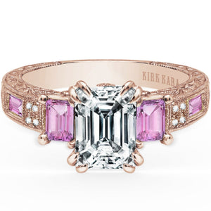 Kirk Kara "Charlotte" Pink Sapphire Emerald Cut Diamond Three Stone Engagement Ring