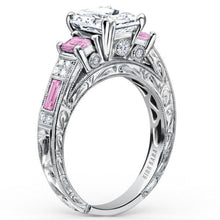 Load image into Gallery viewer, Kirk Kara White Gold &quot;Charlotte&quot; Pink Sapphire Emerald Cut Diamond Three Stone Engagement Ring Angled Side View
